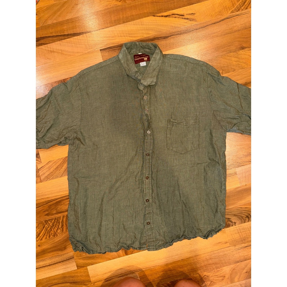 Trajeque Guayaberass Shirt Mens 46 Green 100% Linen Short Sleeve Button Down